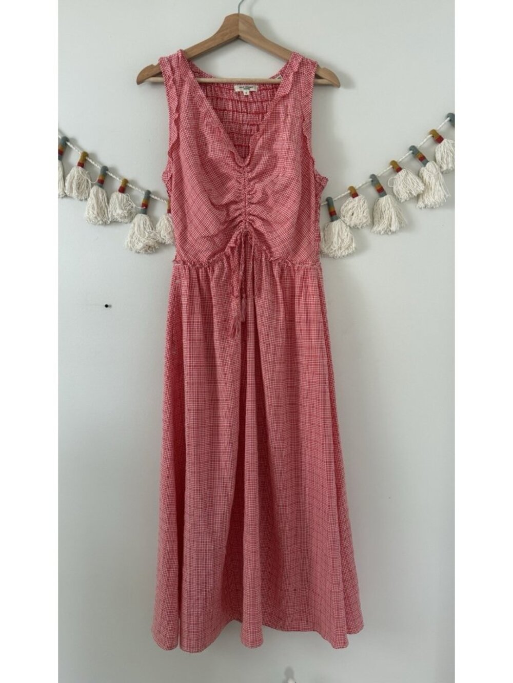 Max Studio Red Gingham Ruched Shirred Ruffle Midi Dress Cottagecore Milkmaid M